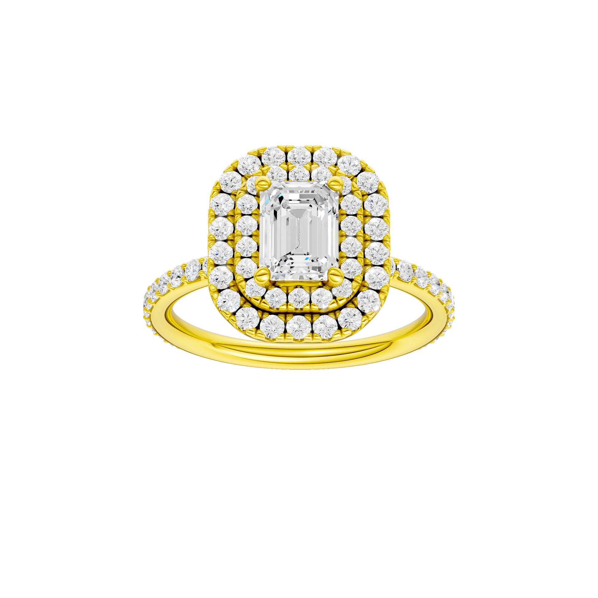 Emerald-cut diamond engagement ring with a prong-set diamond band and double-halo setting.