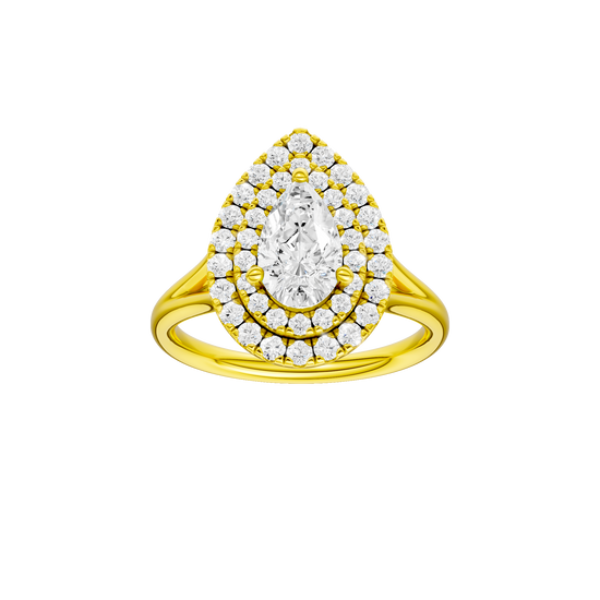 Pear-cut diamond engagement ring with a plain band and double-halo setting.
