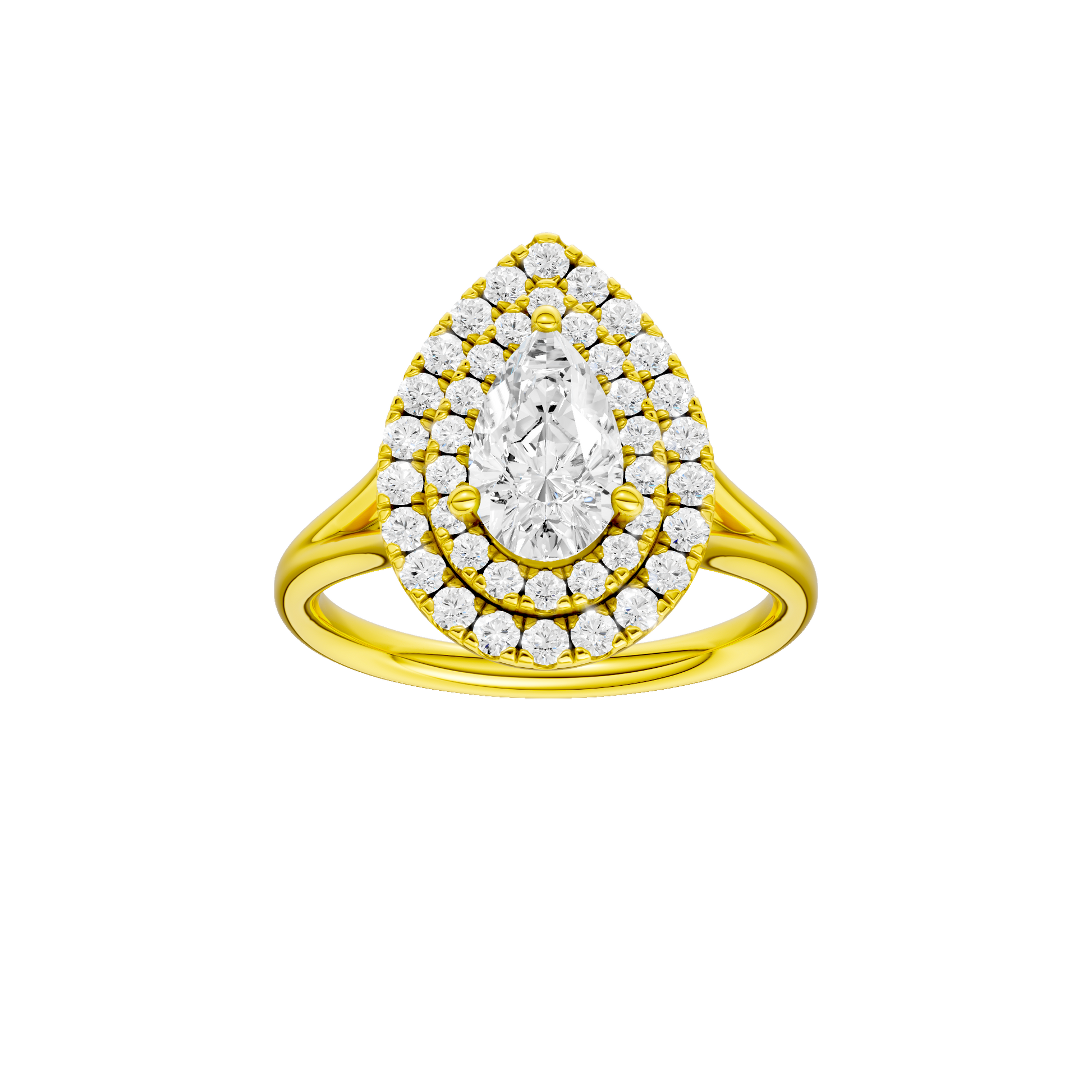 Pear-cut diamond engagement ring with a plain band and double-halo setting.