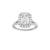 Emerald-cut diamond engagement ring with a prong-set diamond band and halo setting.