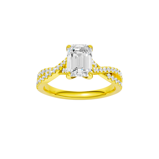 Emerald-cut diamond engagement ring in 14k yellow gold with a prong-set diamond band and twist setting