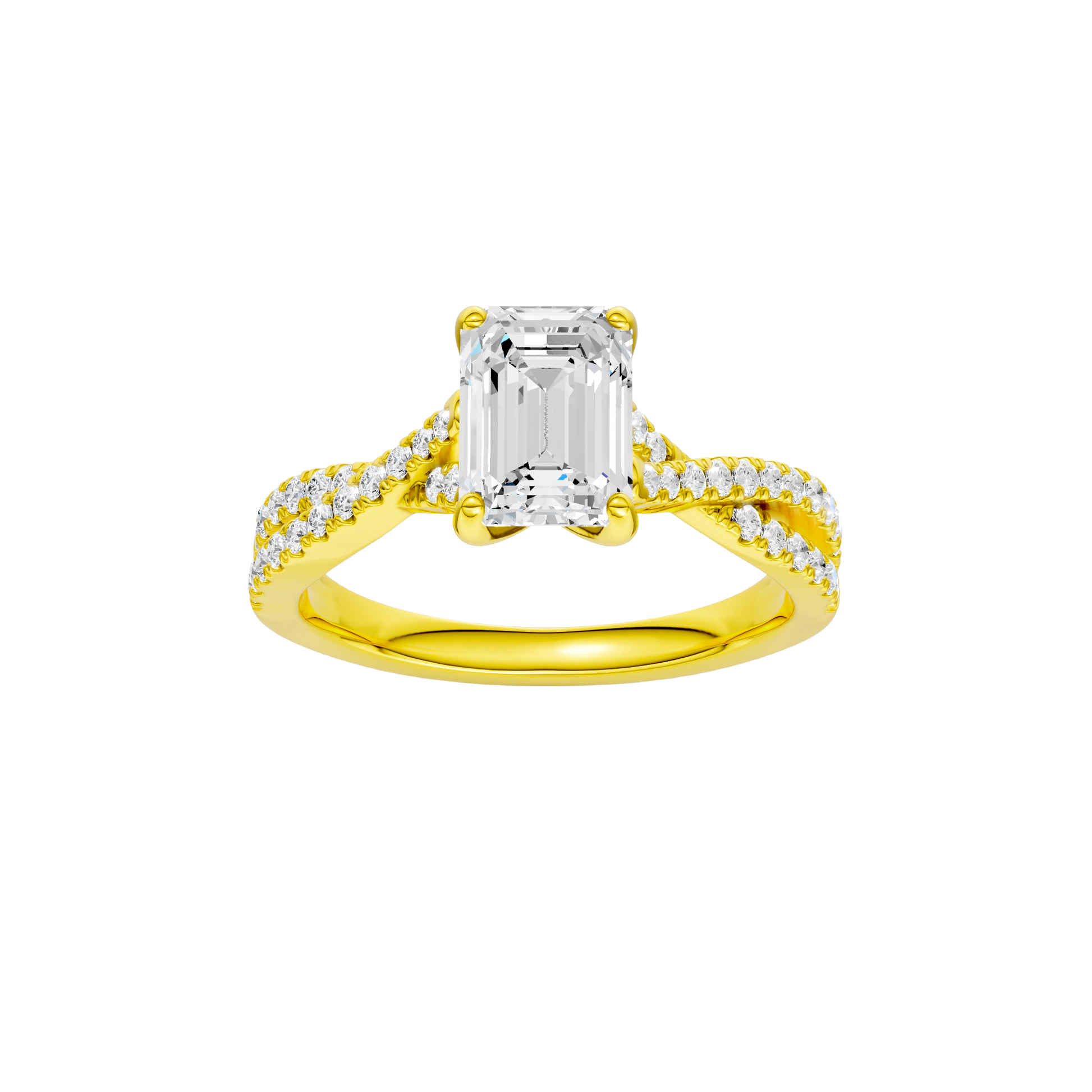 Emerald-cut diamond engagement ring in 14k yellow gold with a prong-set diamond band and twist setting