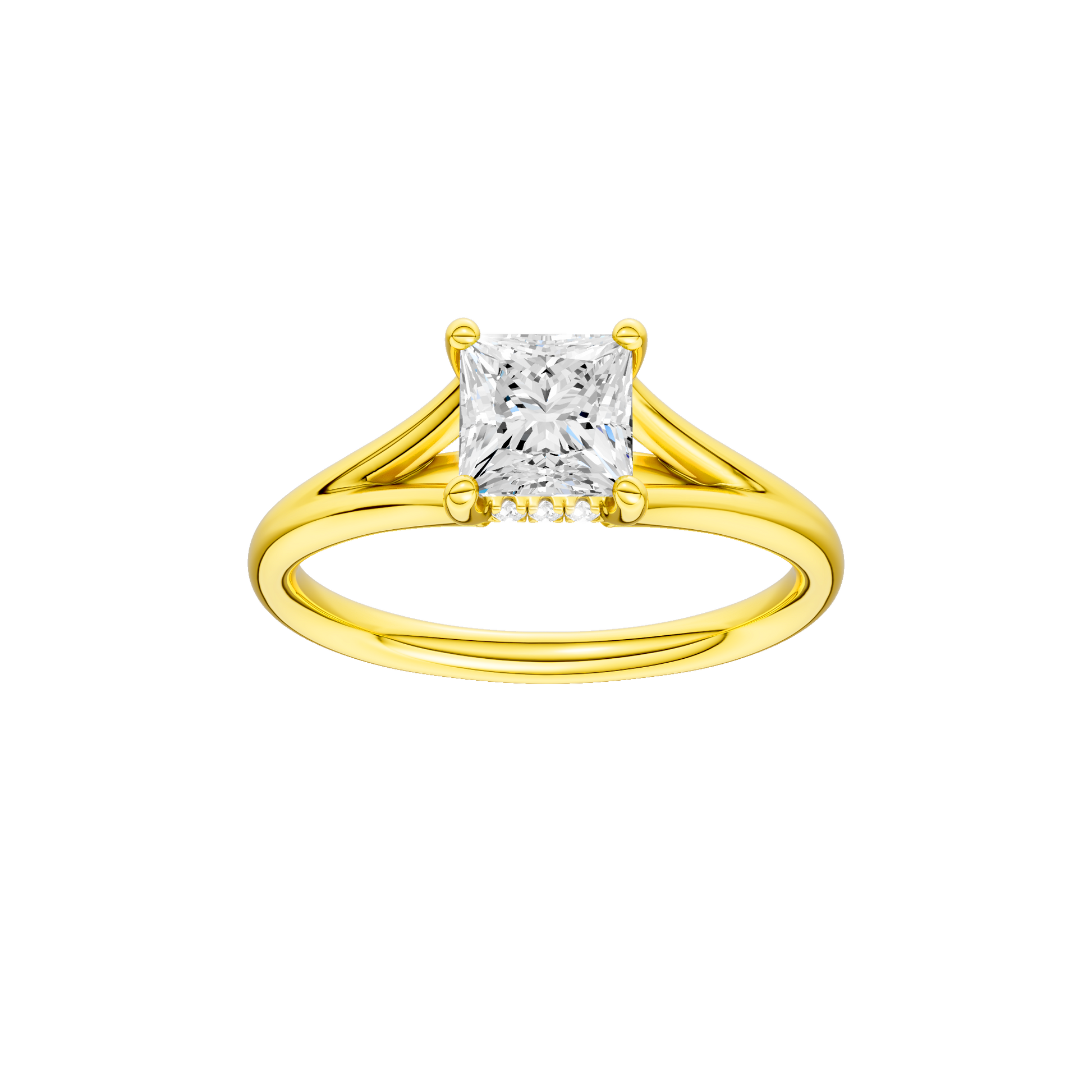 Princess-cut diamond engagement ring with a plain band and hidden-halo setting.