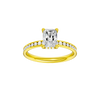 Radiant-cut diamond engagement ring with a channel-set diamond band and hidden-halo setting.