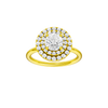 Round-cut diamond engagement ring with a plain band and double-halo setting.