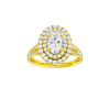Oval-cut diamond engagement ring with a channel-set diamond band and double-halo setting.
