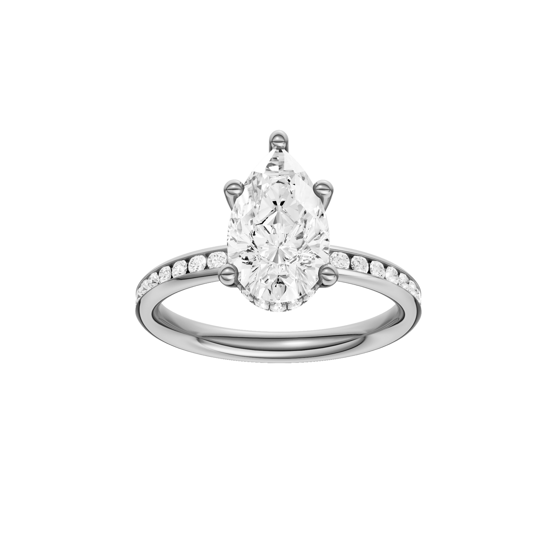 Pear-cut diamond engagement ring with a channel-set diamond band and hidden-halo setting.
