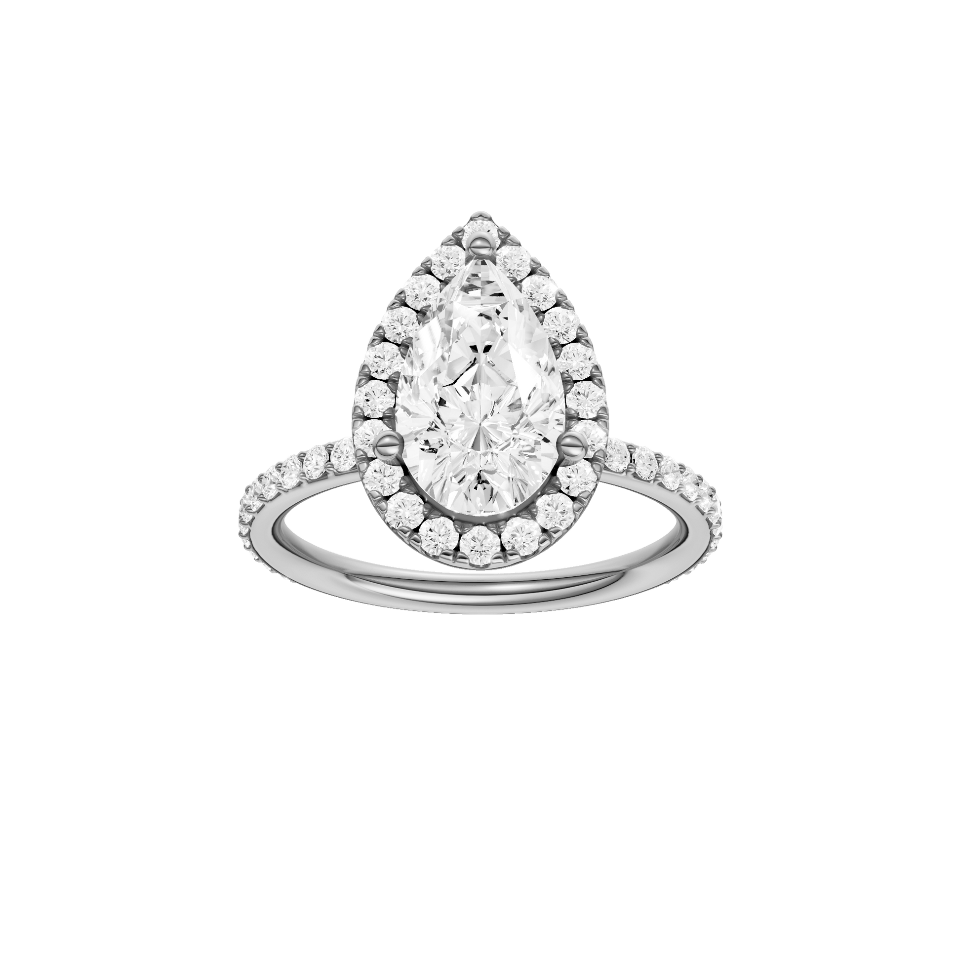 Pear-cut diamond engagement ring with a prong-set diamond band and halo setting.