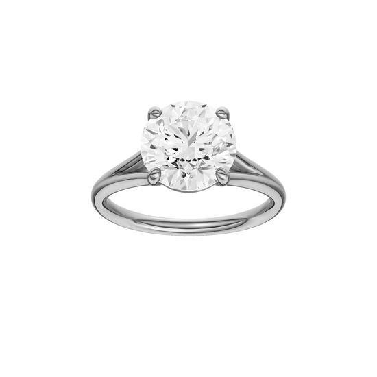 Round-cut diamond engagement ring with a plain band and solitaire setting.