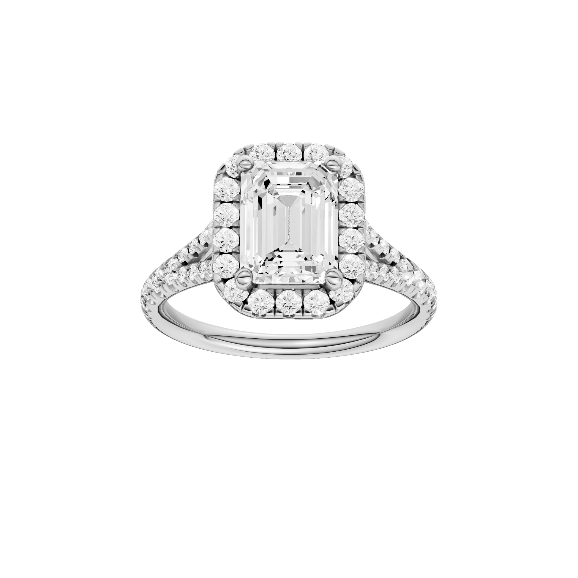 Emerald-cut diamond engagement ring with a prong-set diamond band and halo setting.