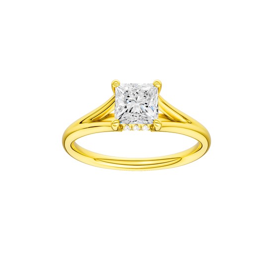 Princess-cut diamond engagement ring with a plain band and hidden-halo setting.