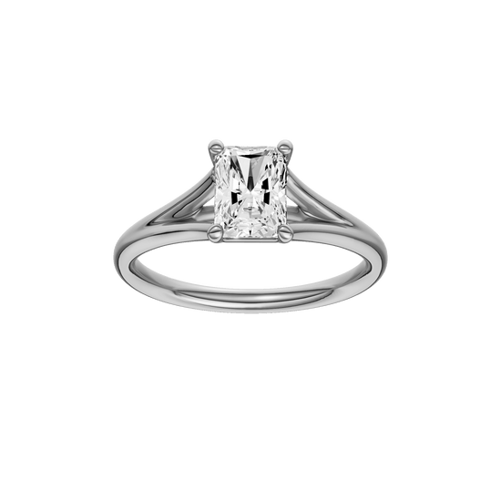 Radiant-cut diamond engagement ring with a plain band and solitaire setting.
