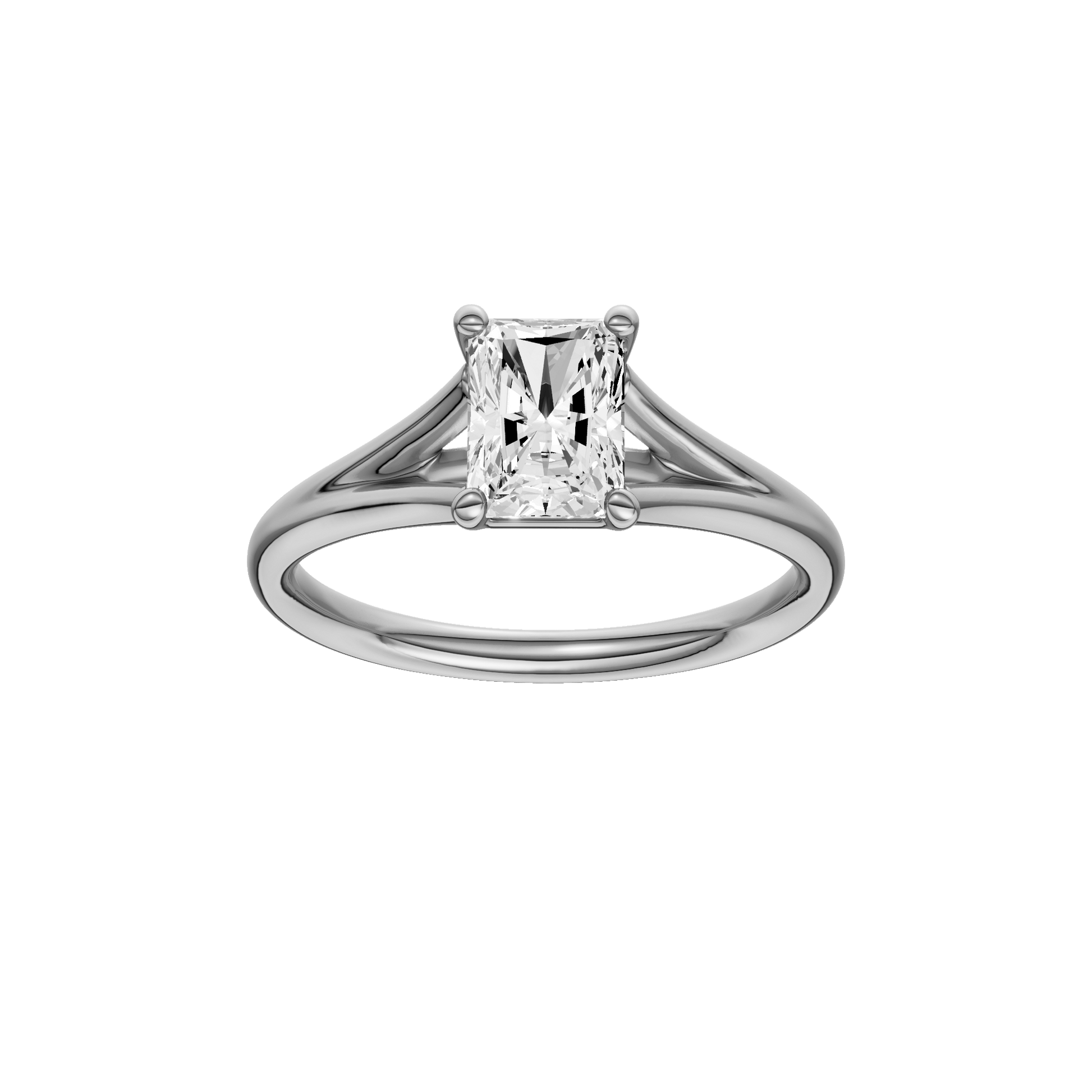 Radiant-cut diamond engagement ring with a plain band and solitaire setting.