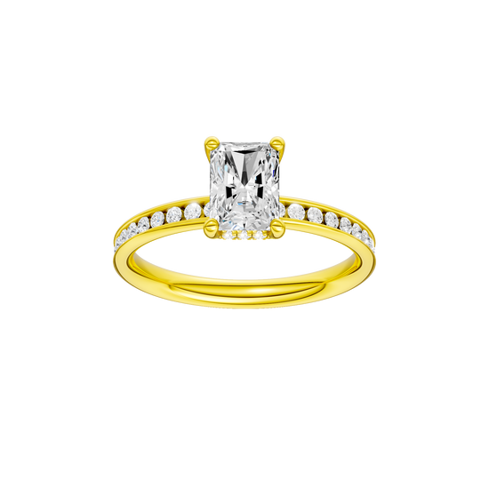 Radiant-cut diamond engagement ring with a channel-set diamond band and hidden-halo setting.