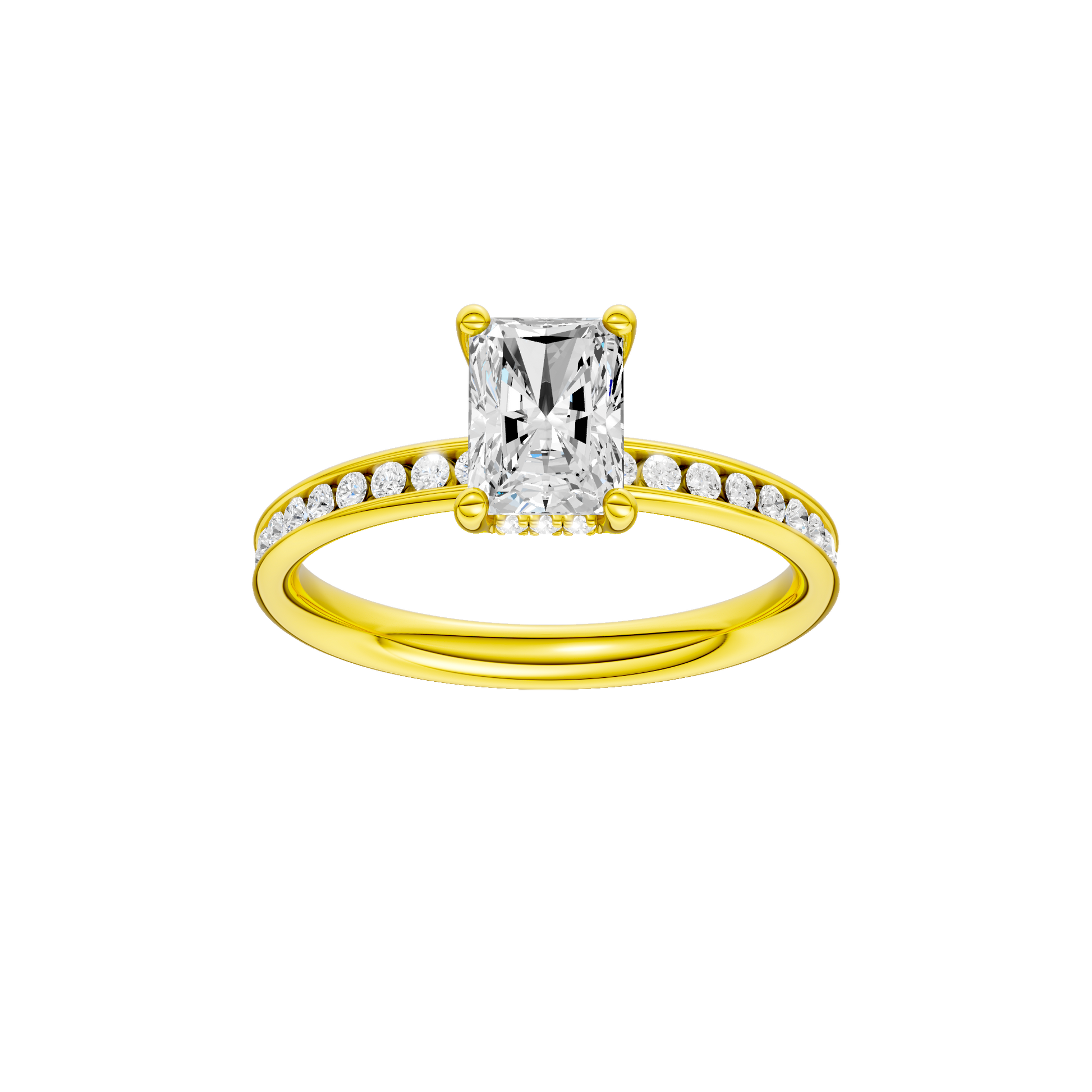 Radiant-cut diamond engagement ring with a channel-set diamond band and hidden-halo setting.