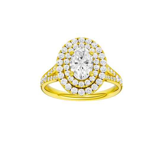 Oval-cut diamond engagement ring with a channel-set diamond band and double-halo setting.