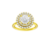 Round-cut diamond engagement ring with a plain band and double-halo setting.