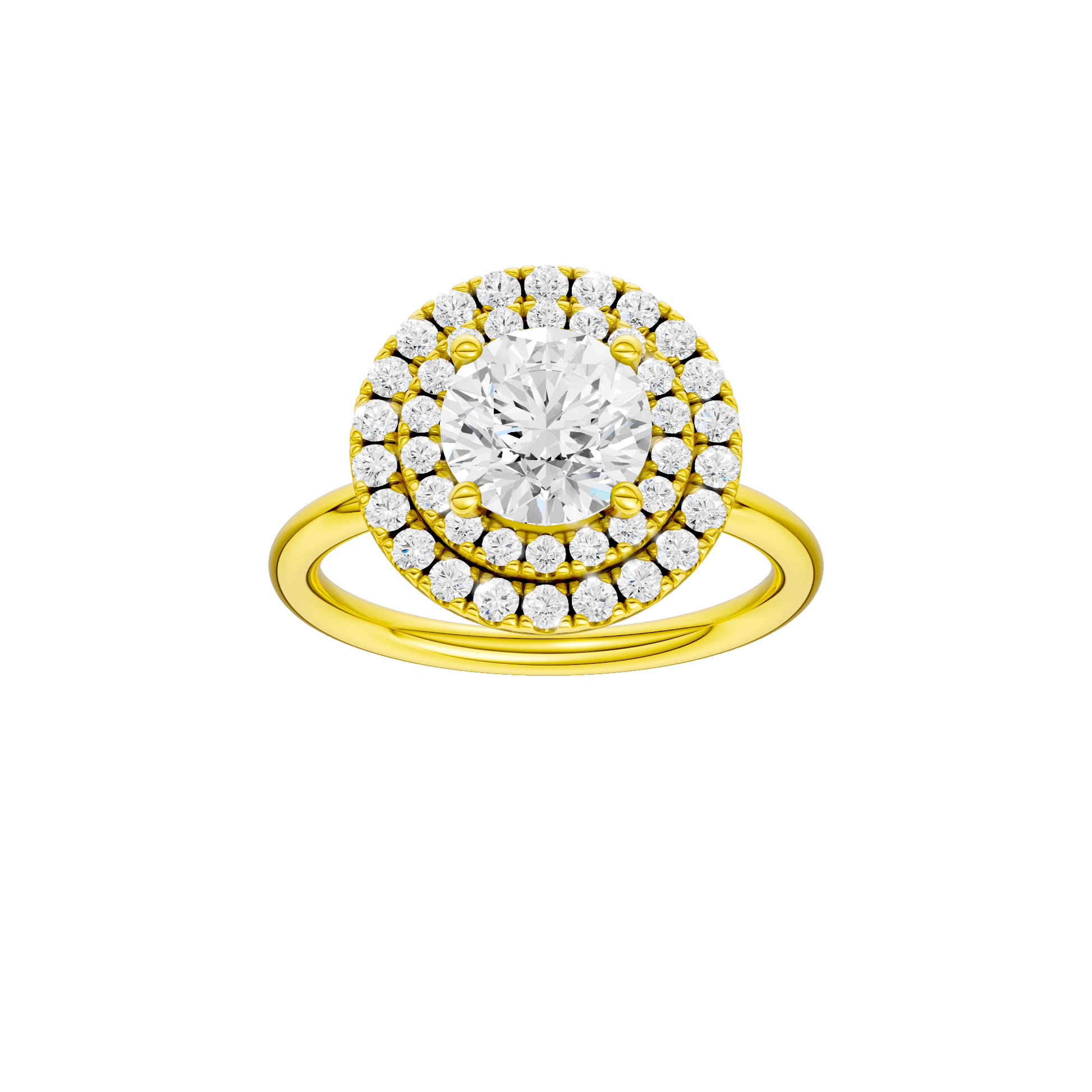Round-cut diamond engagement ring with a plain band and double-halo setting.
