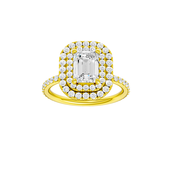 Emerald-cut diamond engagement ring with a prong-set diamond band and double-halo setting.