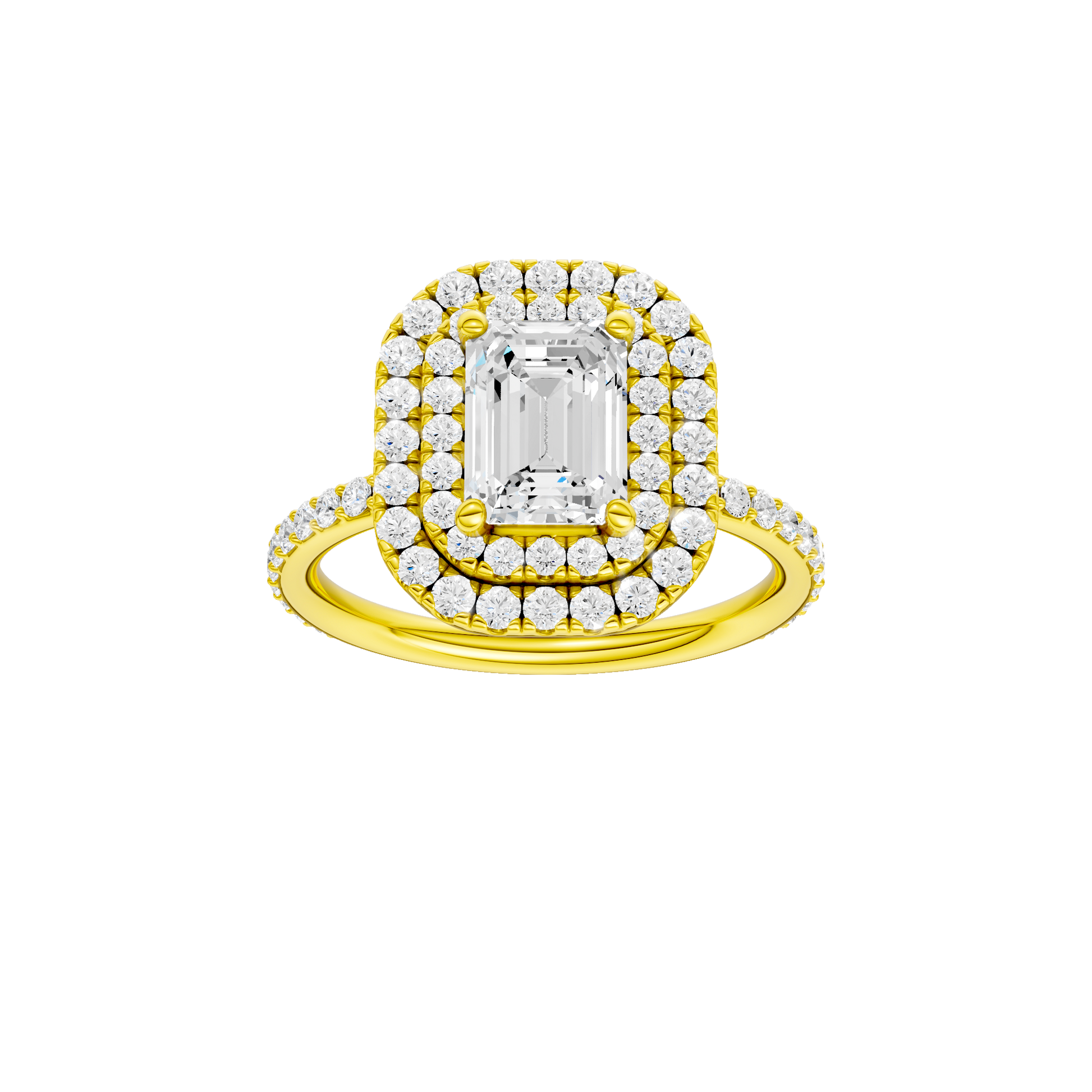 Emerald-cut diamond engagement ring with a prong-set diamond band and double-halo setting.
