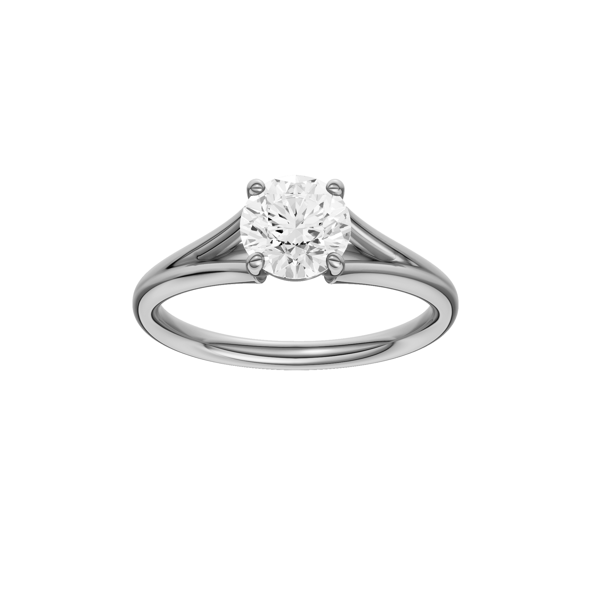 Round-cut diamond engagement ring with a plain band and solitaire setting.