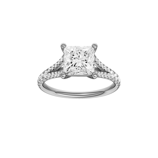 Princess-cut diamond engagement ring with a prong-set diamond band and solitaire setting.