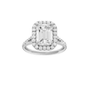Emerald-cut diamond engagement ring with a prong-set diamond band and halo setting.