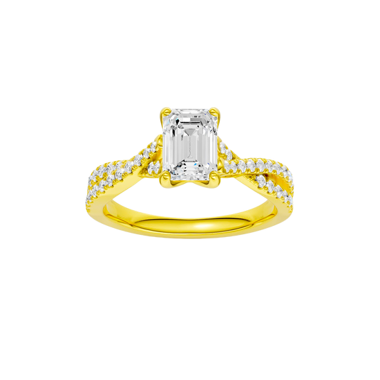 Emerald-cut diamond engagement ring in 14k yellow gold with a prong-set diamond band and twist setting