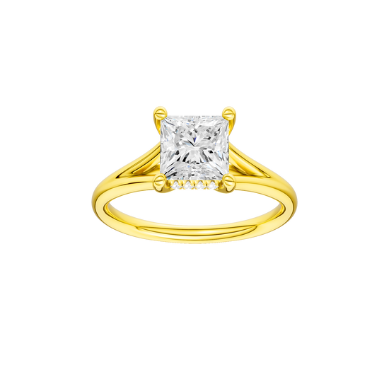 Princess-cut diamond engagement ring with a plain band and hidden-halo setting.