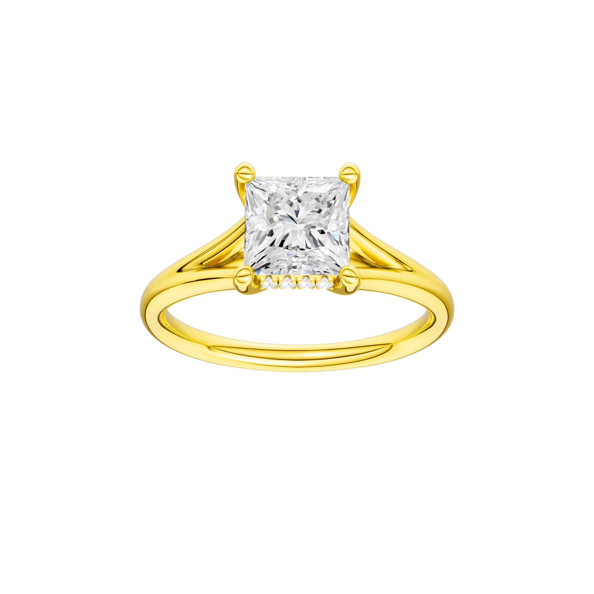 Princess-cut diamond engagement ring with a plain band and hidden-halo setting.