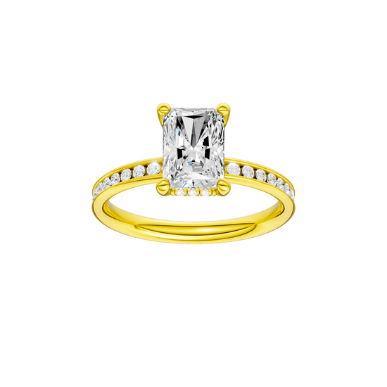 Radiant-cut diamond engagement ring with a channel-set diamond band and hidden-halo setting.