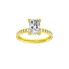 Radiant-cut diamond engagement ring with a channel-set diamond band and hidden-halo setting.