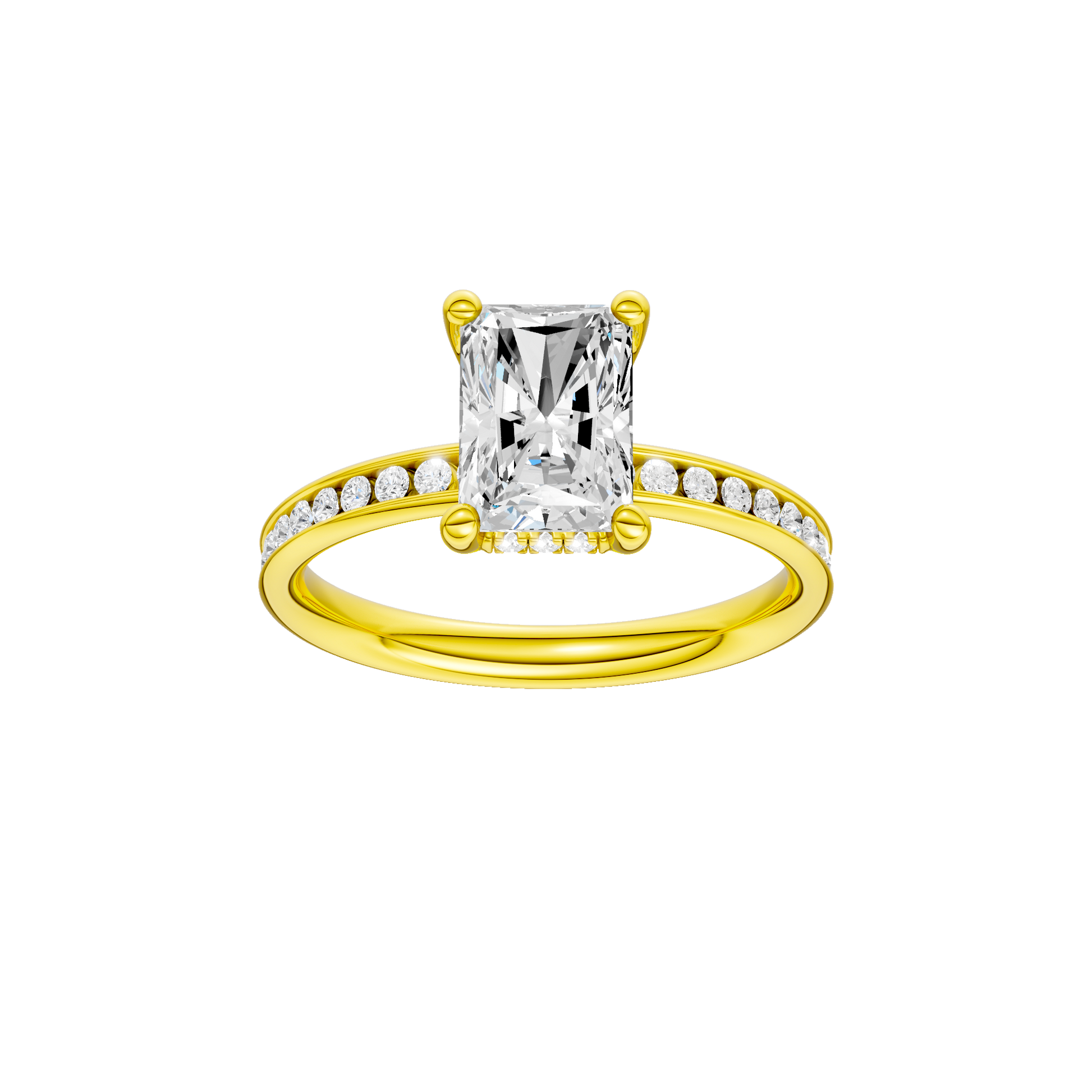 Radiant-cut diamond engagement ring with a channel-set diamond band and hidden-halo setting.