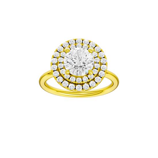 Round-cut diamond engagement ring with a plain band and double-halo setting.