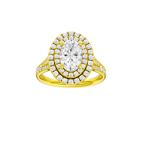 Oval-cut diamond engagement ring with a channel-set diamond band and double-halo setting.