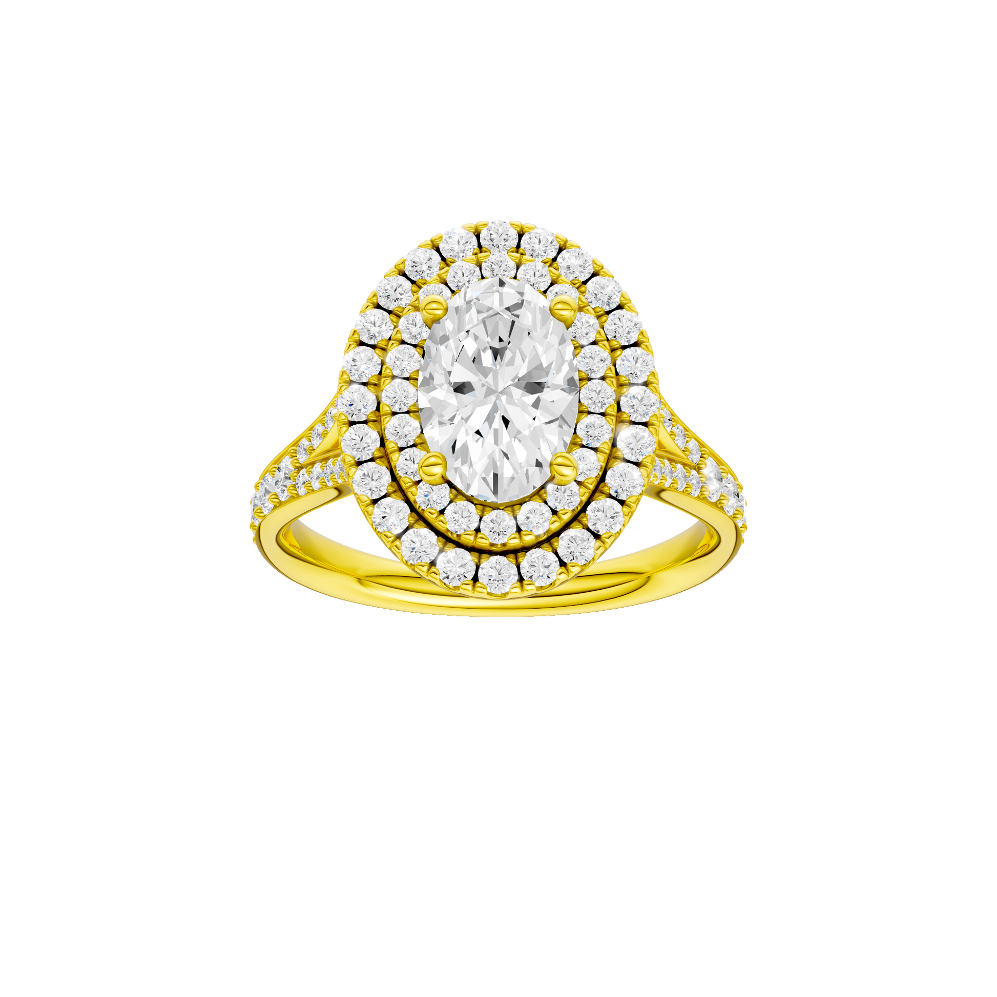Oval-cut diamond engagement ring with a channel-set diamond band and double-halo setting.