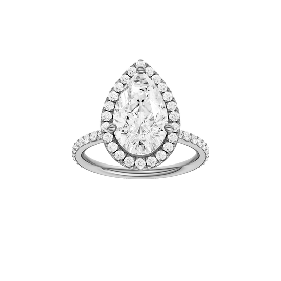 Pear-cut diamond engagement ring with a prong-set diamond band and halo setting.
