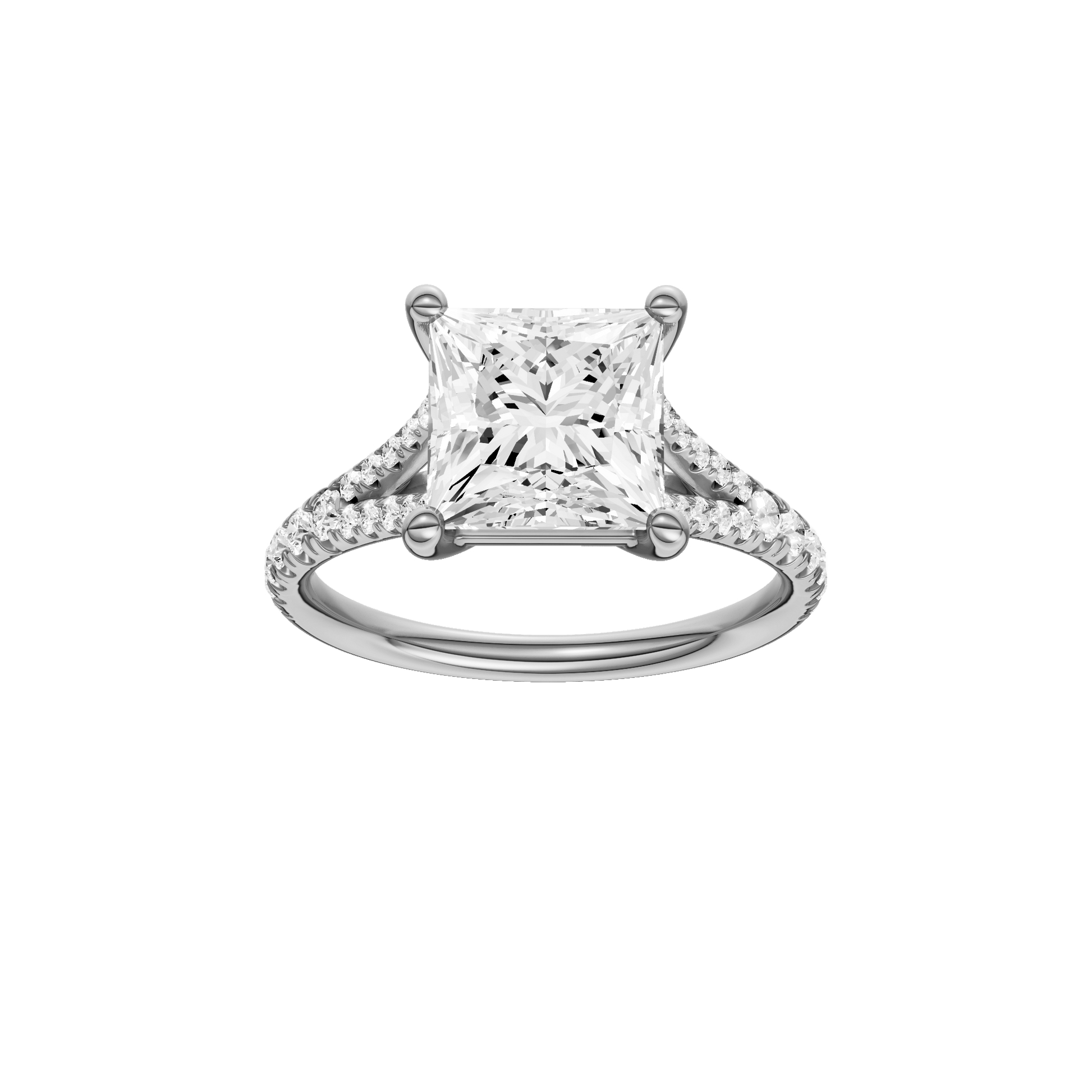 Princess-cut diamond engagement ring with a prong-set diamond band and solitaire setting.