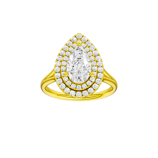 Pear-cut diamond engagement ring with a plain band and double-halo setting.