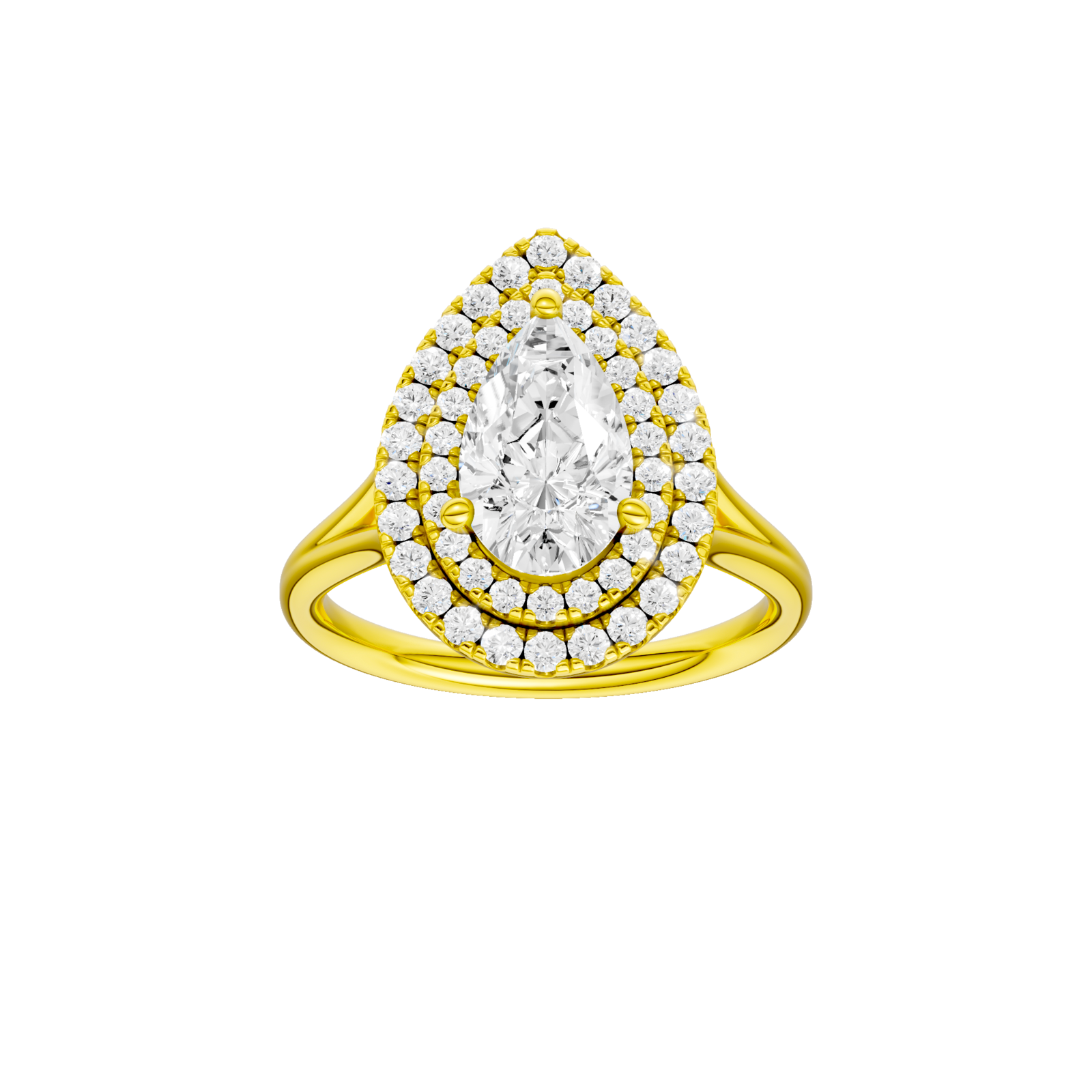 Pear-cut diamond engagement ring with a plain band and double-halo setting.