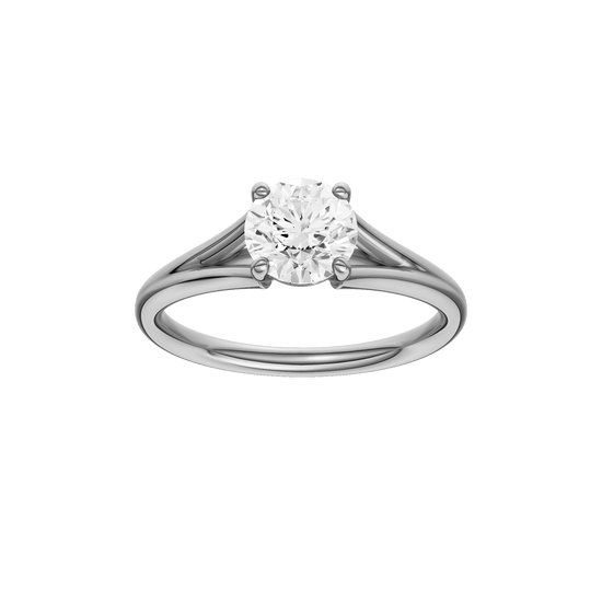 Round-cut diamond engagement ring with a plain band and solitaire setting.