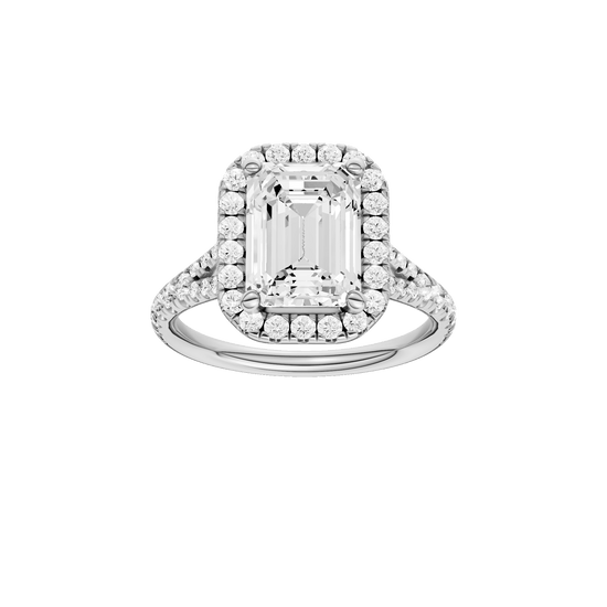 Emerald-cut diamond engagement ring with a prong-set diamond band and halo setting.
