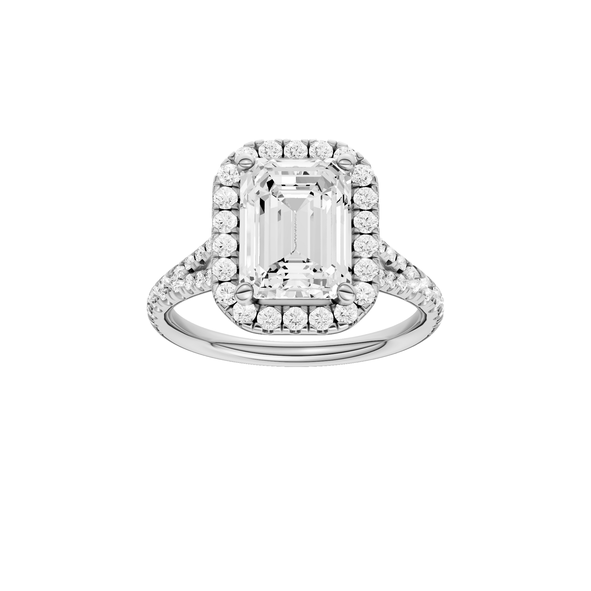 Emerald-cut diamond engagement ring with a prong-set diamond band and halo setting.