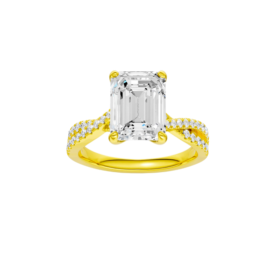 Emerald-cut diamond engagement ring in 14k yellow gold with a prong-set diamond band and twist setting