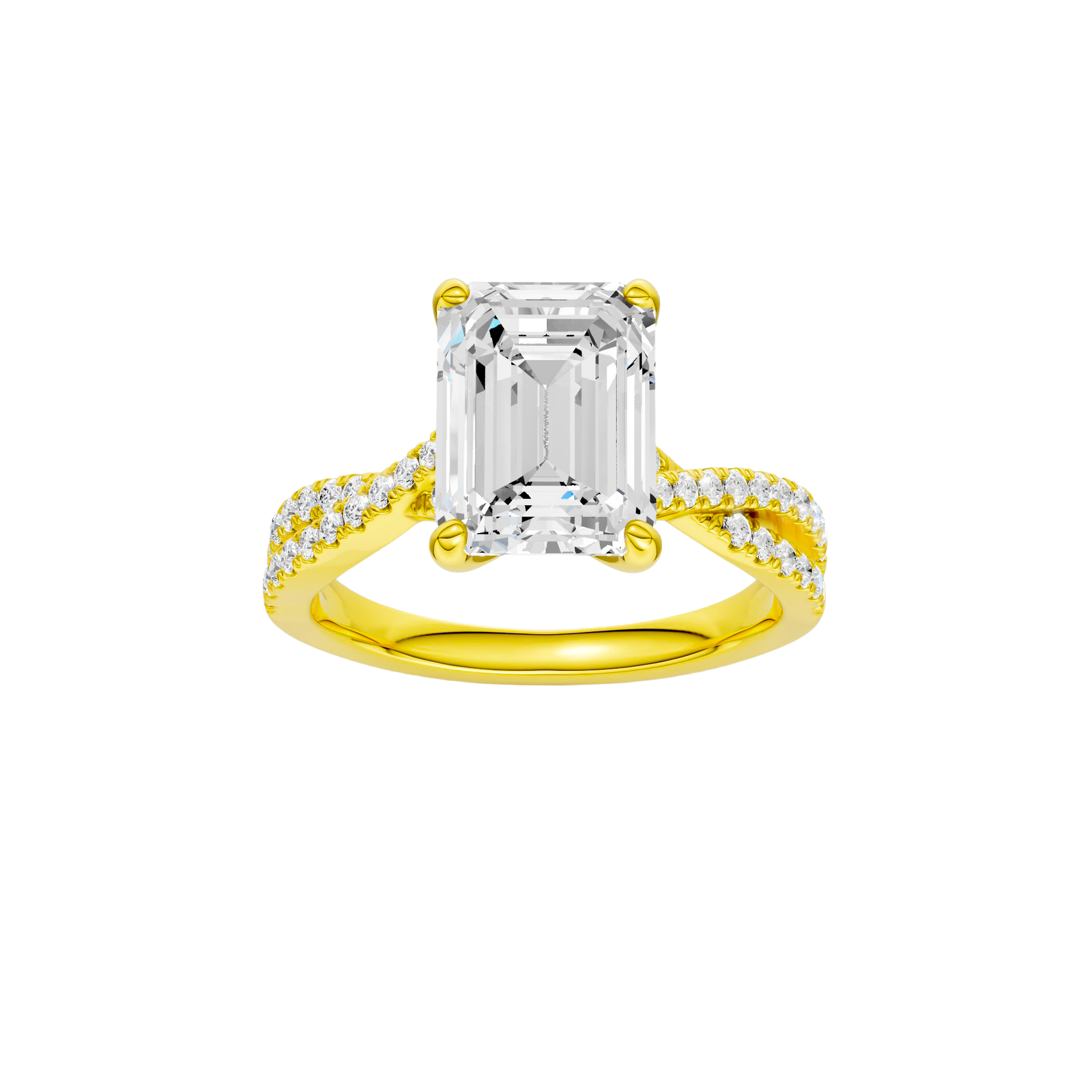 Emerald-cut diamond engagement ring in 14k yellow gold with a prong-set diamond band and twist setting