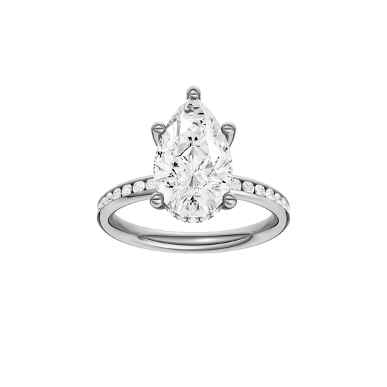 Pear-cut diamond engagement ring with a channel-set diamond band and hidden-halo setting.