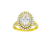 Oval-cut diamond engagement ring with a channel-set diamond band and double-halo setting.