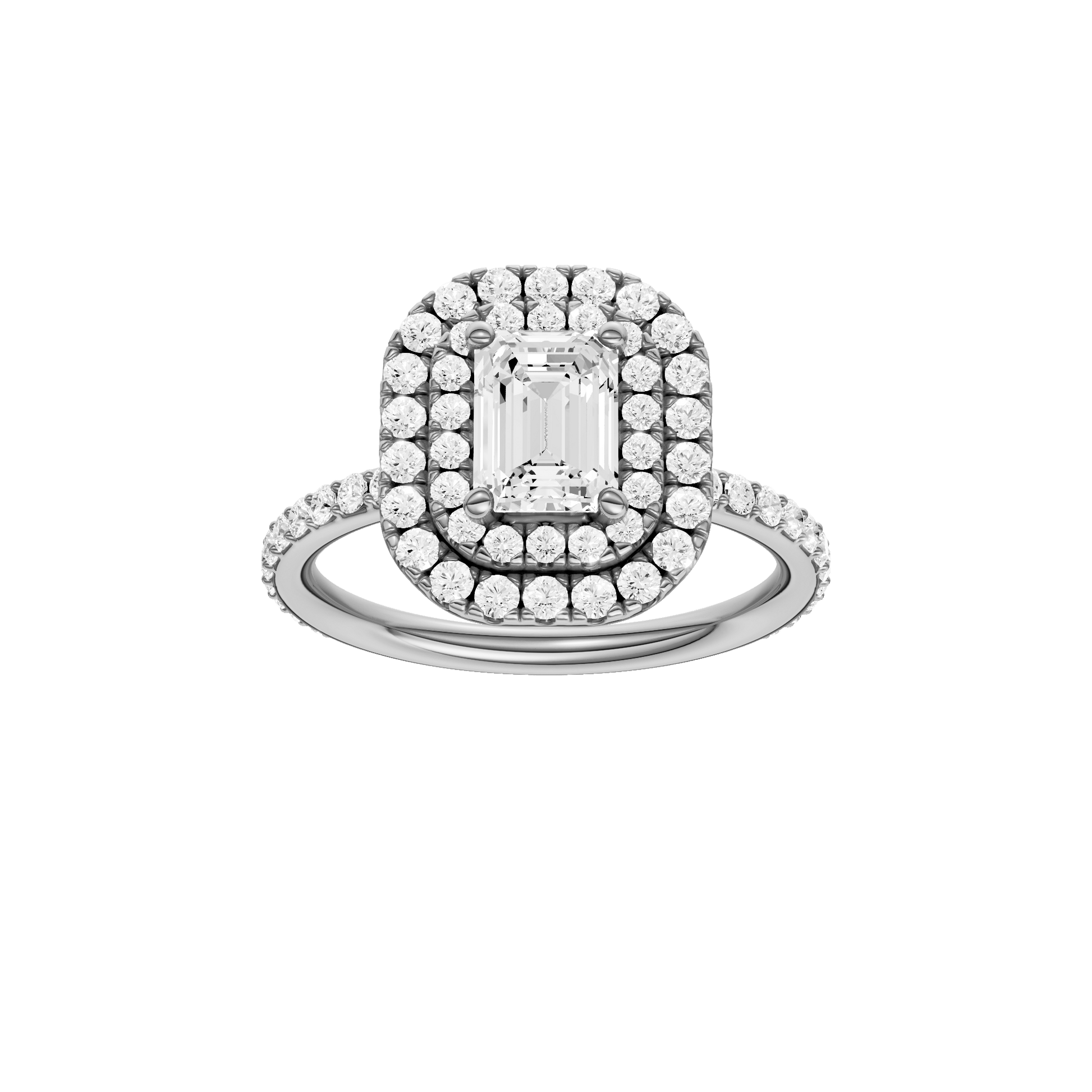 Emerald-cut diamond engagement ring with a prong-set diamond band and double-halo setting.