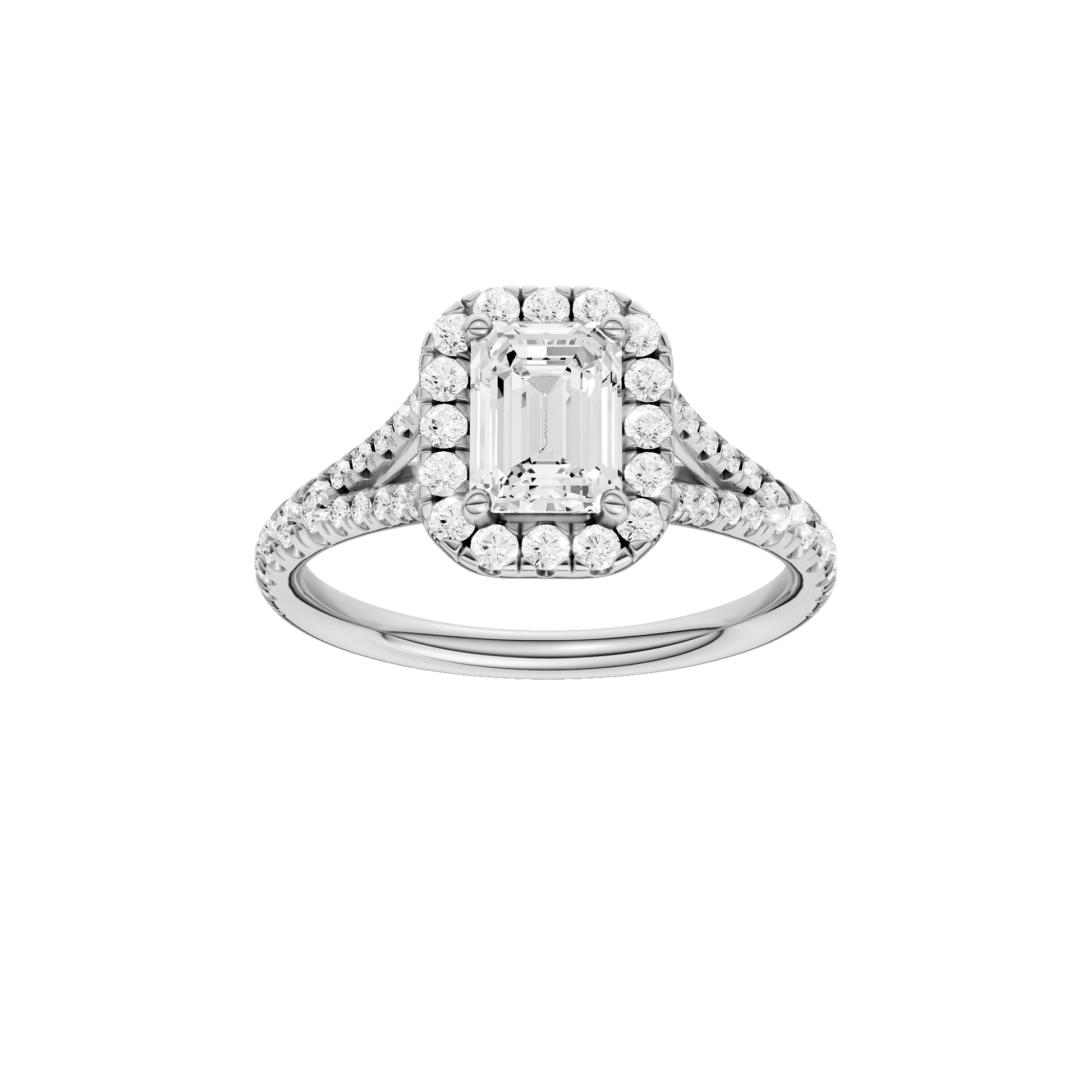 Emerald-cut diamond engagement ring with a prong-set diamond band and halo setting.