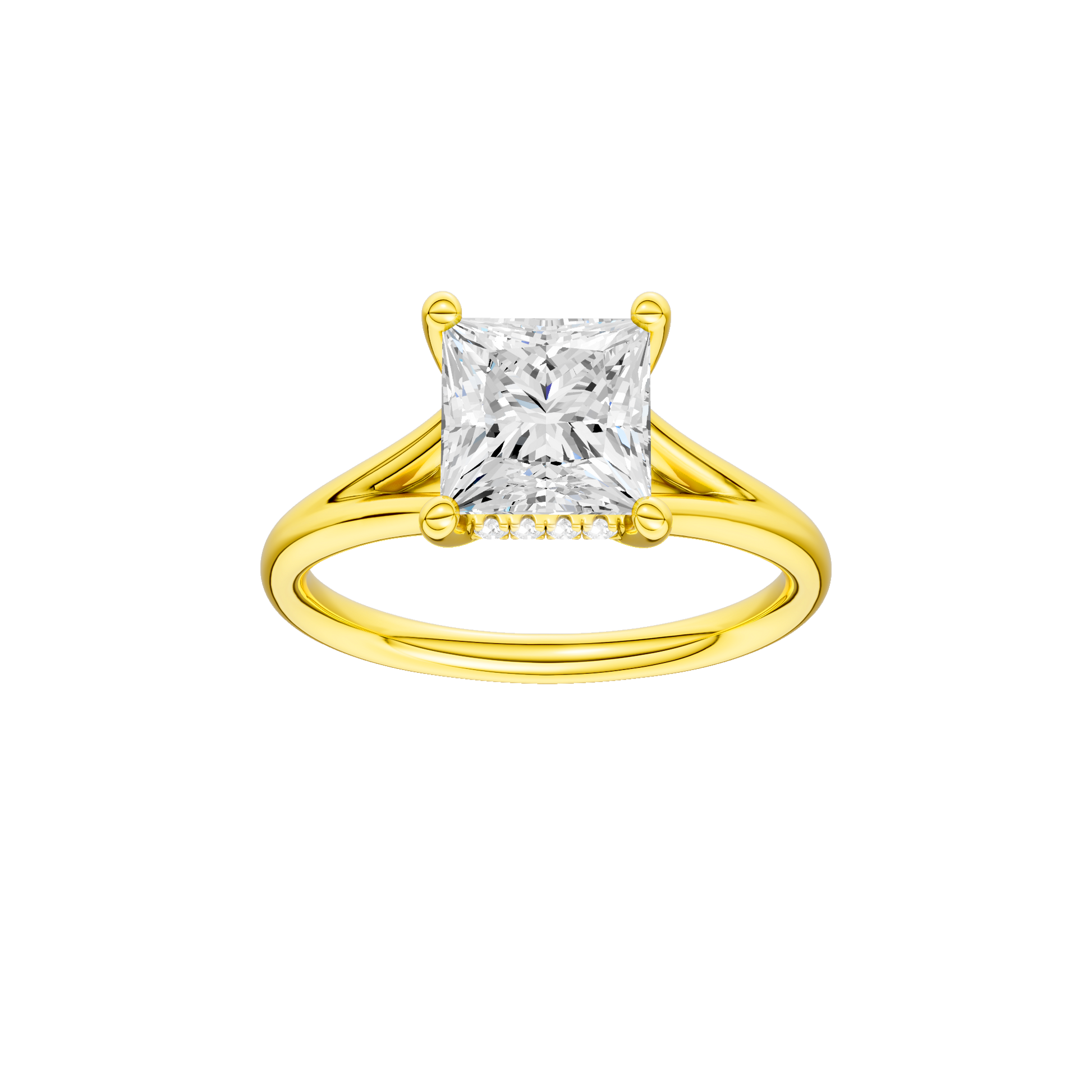 Princess-cut diamond engagement ring with a plain band and hidden-halo setting.